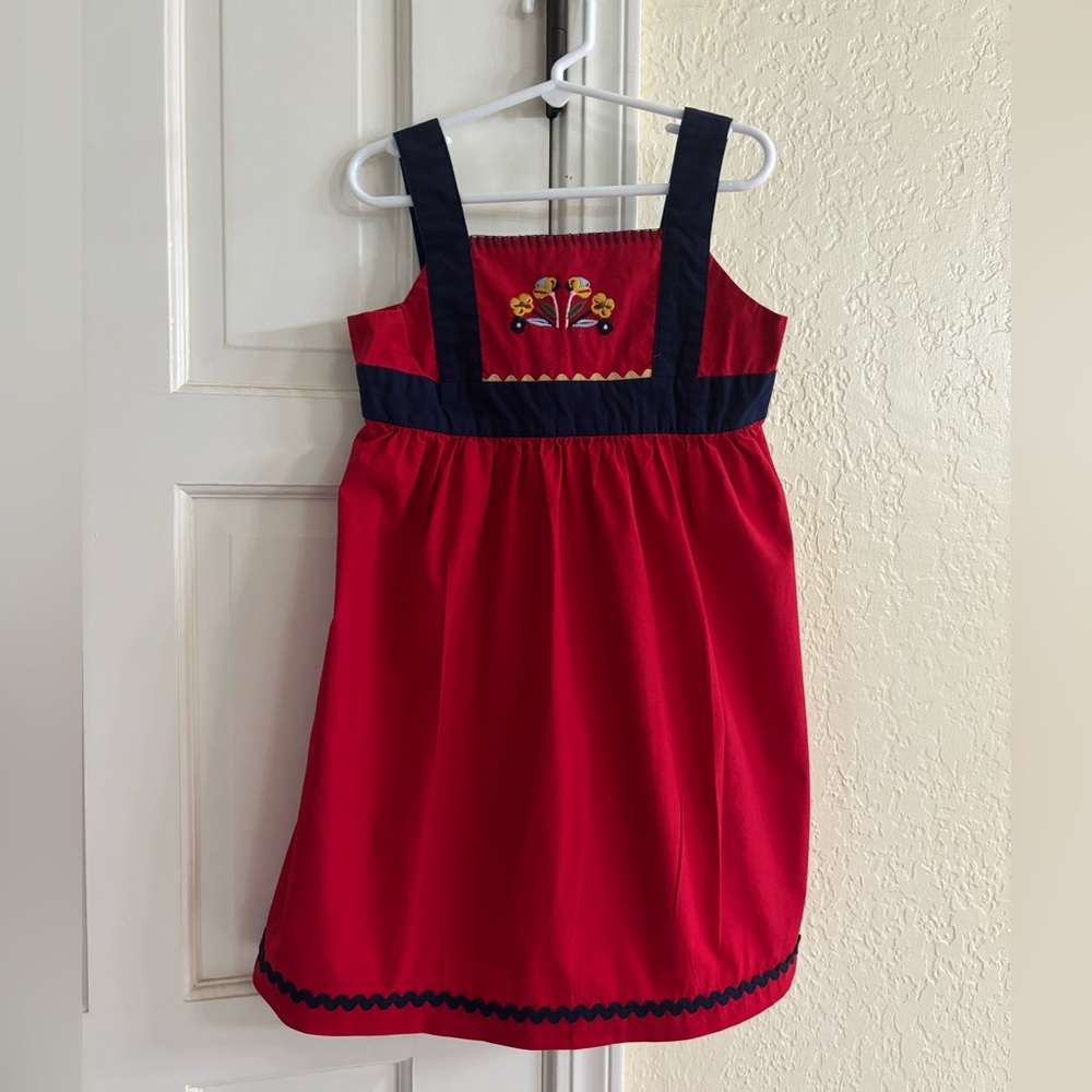 Hanna Andersson Red Dress with Embroidered Flowers & Ric Rac Trim Girls Size 120
